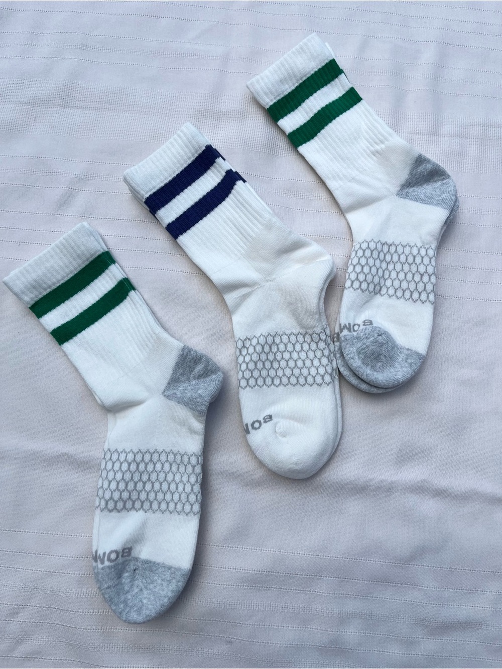 Bombas White Athletic Crew Socks with Green and Navy Stripes